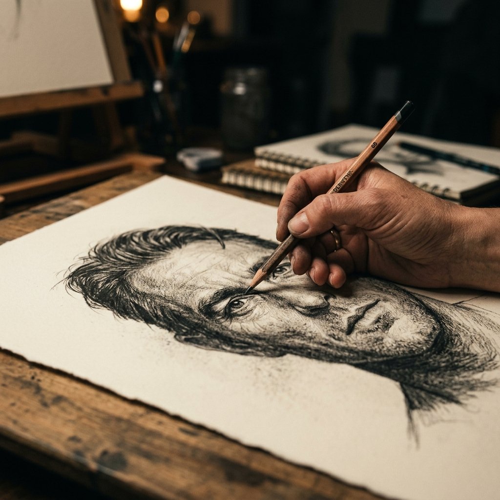 Artist creating realistic portrait